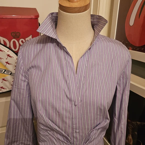 Vince Camuto Lavender & White Striped Twist-Front Midi Shirt Dress - Picture 5 of 6